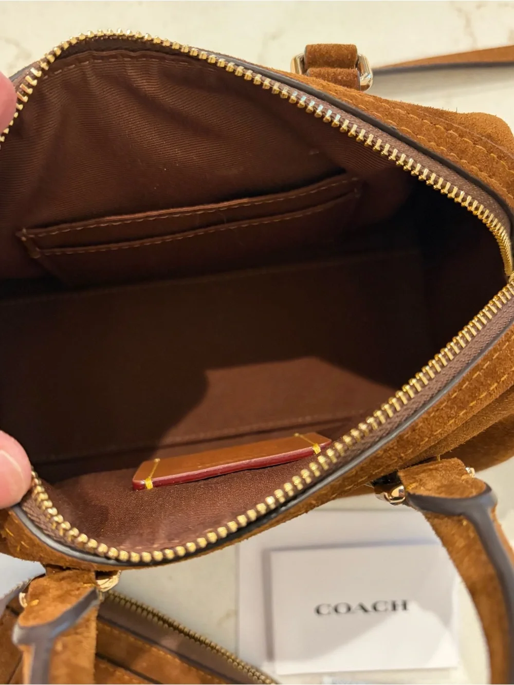 Coach Mini Rowan Suede Satchel in Chestnut Brown with Gold Hardware and wallet